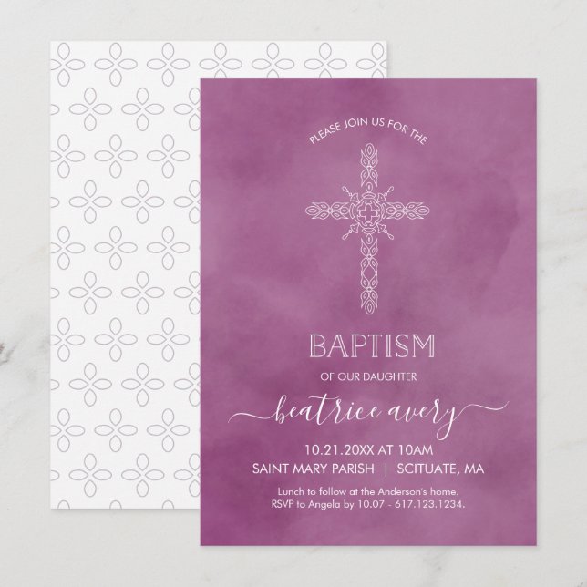 Invitation Baptême, Christening Girl'invitation Croix élégant (Devant / Derrière)