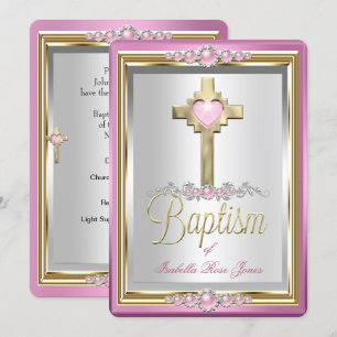 Invitation Baptême Christening Girls Cross Pink Pearl
