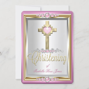 Invitation Baptême Christening Girls Cross Pink Pearl 2