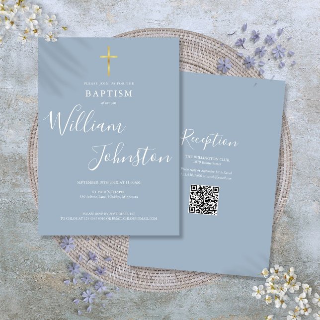 Invitation Baptême Christening Gold Cross Dusty Blue QR Code (Baptism Christening Gold Cross Dusty Blue QR Code Invitation)