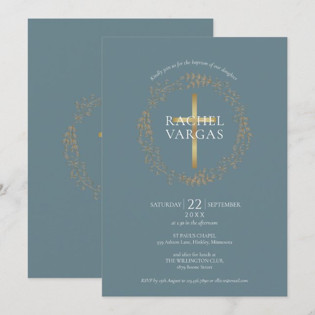 Invitation Baptême Christening Gold Cross Floral (Devant / Derrière)