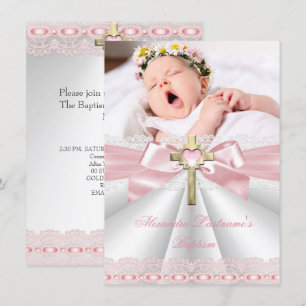 Invitation Baptême Christening Gold Cross Girls Rose 2
