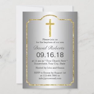 Invitation Baptême Christening Holy Cross Gold encadré Argent