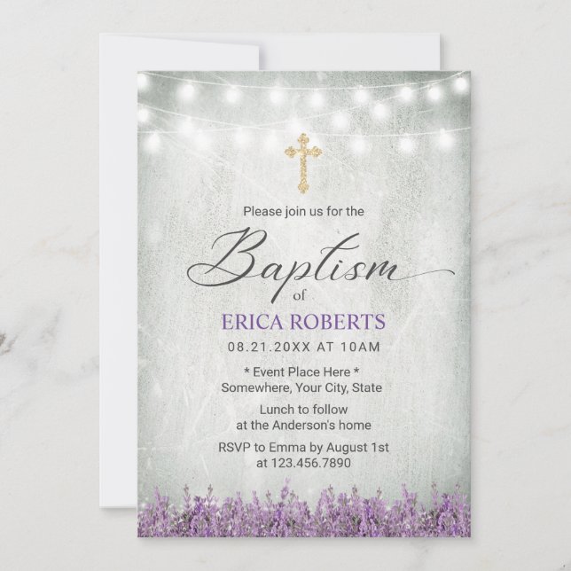 Invitation Baptême Christening Lavande Rustique Floral (Devant)