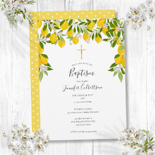 Invitation Baptême Christening Lemons Floral Élégant Moderne
