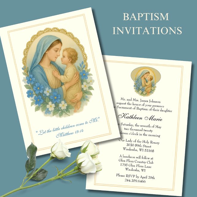 Invitation Baptême Christening Marie Jésus Bleu Floral (Créateur téléchargé)