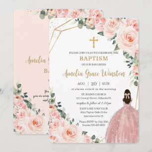 Invitation Baptême Christening Or Blush Floral Fleurs Girl