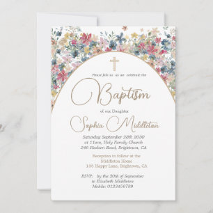 Invitation Baptême Christening Photo Rose Floral Religieux