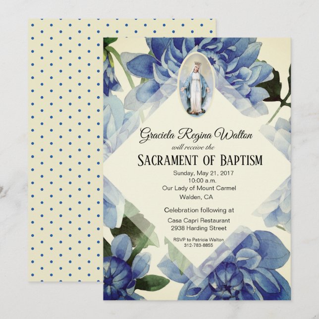 Invitation Baptême Christening Religieux Fleurs Bleues (Devant / Derrière)