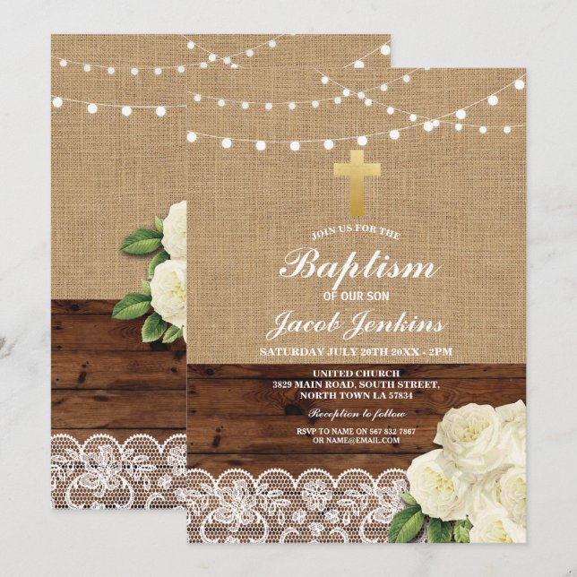 Invitation Baptême Christening Rose Burlap Dentelle en bois (Devant / Derrière)