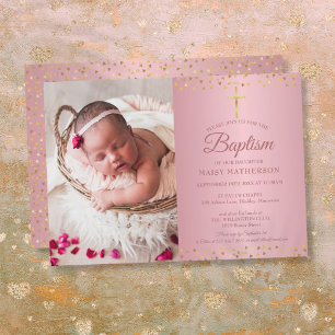 Invitation Baptême Christening Rose Gold Cœurs Photo