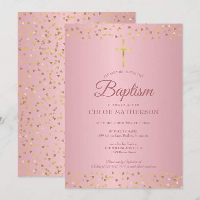 Invitation Baptême Christening Rose Gold Hearts (Devant / Derrière)