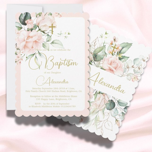 Invitation Baptême Christening Rose Rose Élégant Religieux (Créateur téléchargé)