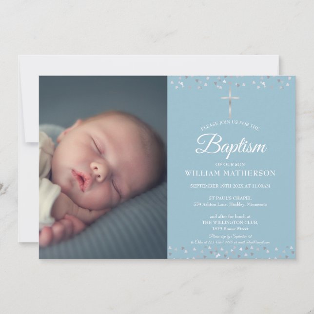 Invitation Baptême, Christening Silver Hearts Photo (Devant)