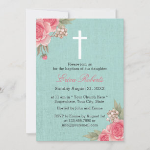 Invitation Baptême Christening Vintage Floral Élégant Linge