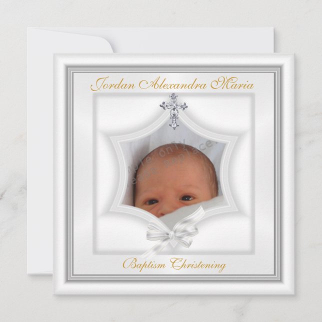 Invitation Baptême Christening White Star Photo Cross Bow (Devant)
