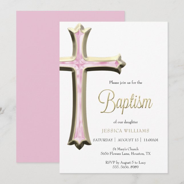 Invitation Baptême Classy Gold & Pink Cross (Devant / Derrière)