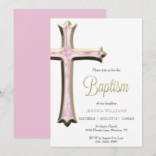 Invitation Baptême Classy Gold & Pink Cross
