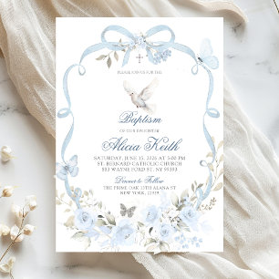 Invitation Baptême Colombe Coquette Ruban Floral Bleu