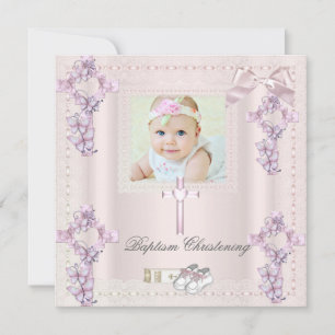 Invitation Baptême Crème Rose Croix Girl Photo baptême