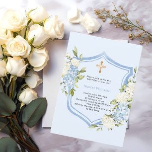 Invitation Baptême crête bleu florales garçon