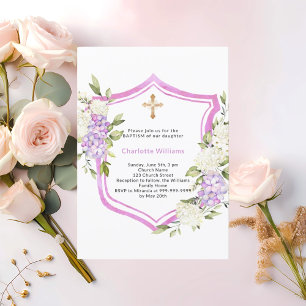 Invitation Baptême crête rose fleurs violet fille