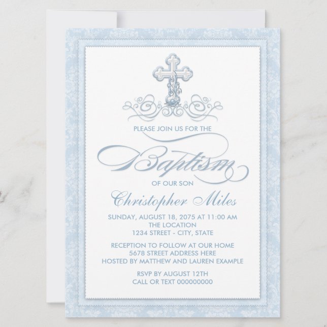 Invitation Baptême croisé bleu Damas (Devant)