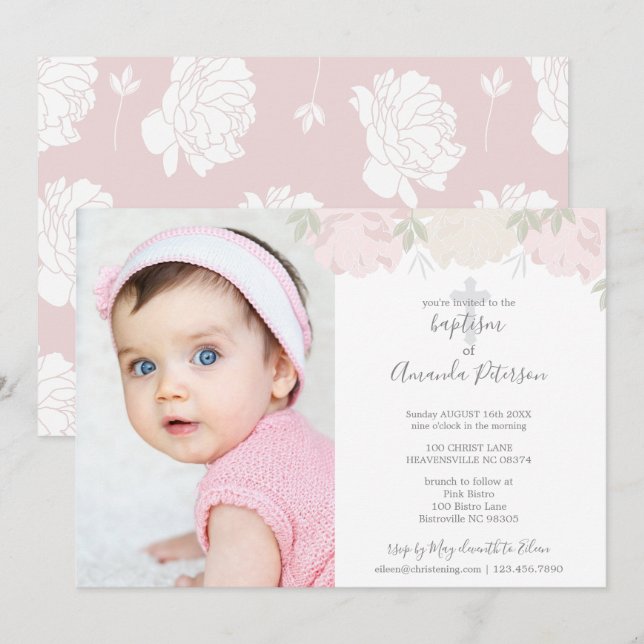 Invitation Baptême croisé de fille de pivoines molles de rose (Devant / Derrière)
