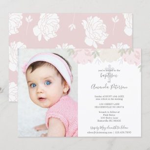 Invitation Baptême croisé de fille de pivoines molles de rose
