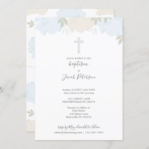 Invitation Baptême croisé de garçon de pivoines bleues en