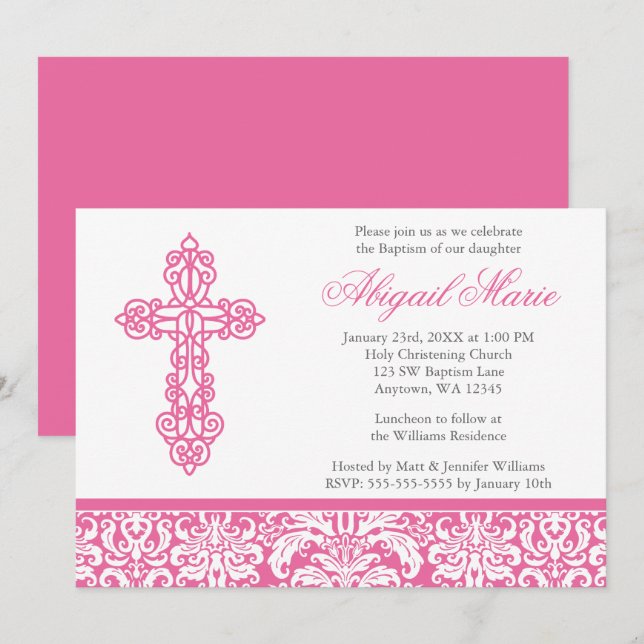 Invitation Baptême croisé fleuri rose de baptême de fille de (Devant / Derrière)