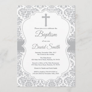 Invitation Baptême croisé gris-damassé