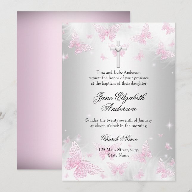Invitation Baptême croisé papillon en argent rose (Devant / Derrière)