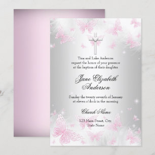 Invitation Baptême croisé papillon en argent rose