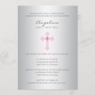 Invitation Baptême croisé rose argenté élégant de baptême de