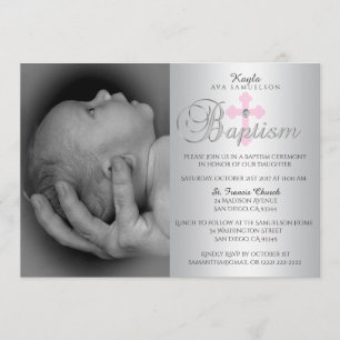 Invitation Baptême croisé rose argenté magnifique de PHOTO de
