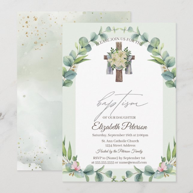 Invitation Baptême croisée de bois floral (Devant / Derrière)