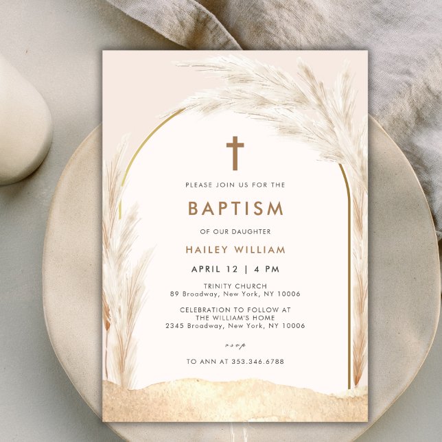 Invitation Baptême croisée de la Pampa Boho neutre pour le ge (Gender Neutral Boho Pampas Cross Baptism Invitation)
