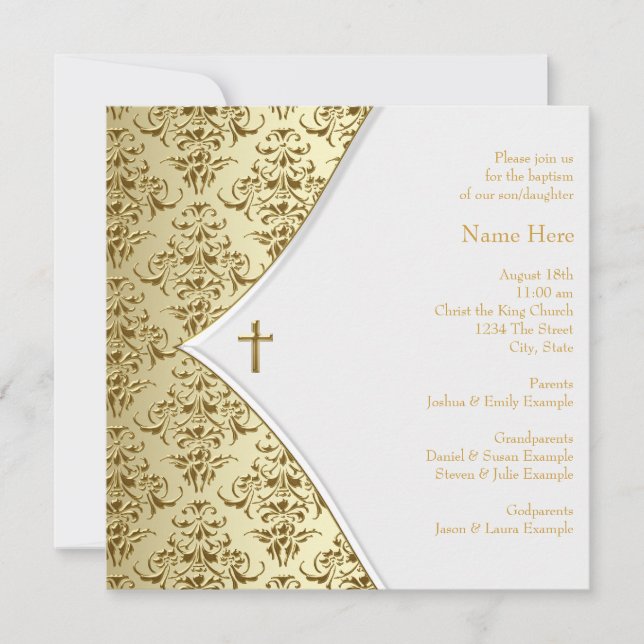 Invitation Baptême croix blanche et or (Devant)