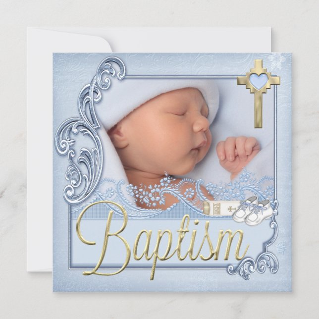Invitation Baptême Croix Bleue Garçon Christening Photo (Devant)