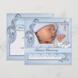 Invitation Baptême Croix Bleue Garçon damassé baptême