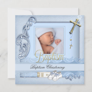 Invitation Baptême Croix Bleue Or Garçon Christening