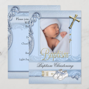 Invitation Baptême Croix Bleue Or Garçon Christening 2