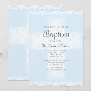 Invitation Baptême Croix chrétienne bleu Damask Boy