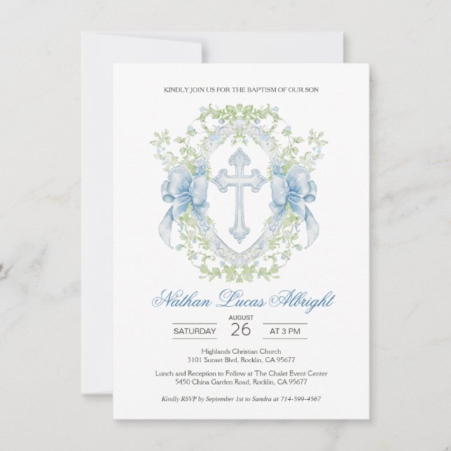Invitation Baptême Croix Crest Verdure Baby Boy (Devant)