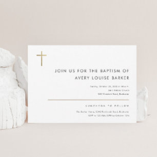 Invitation Baptême Croix Dorée Moderne Minimaliste Simple