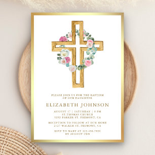 Invitation Baptême Croix en Bois de Eucalyptus Floral Rustiqu
