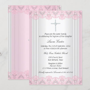 Invitation Baptême croix en dentelle rose blanc