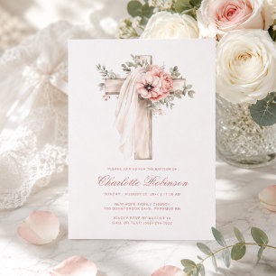 Invitation Baptême croix florale rose poudré