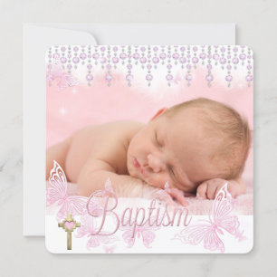 Invitation Baptême Croix Papillon Rose Argent